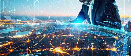 The concept of global business is visualized with a map of Earth and digital networks, representing the role of technology and internet in worldwide data communication.