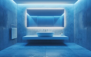 Modern Bathroom Interior With Blue Lighting And Large Mirror