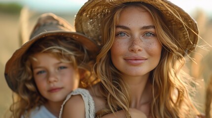 Fototapeta premium A serene image of a mother and child in an outdoor setting, capturing the beauty and tranquility of their bond, with golden lighting enhancing the warmth and closeness they share.
