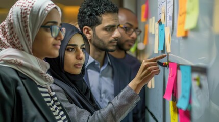 Diverse Arab business team brainstorming ideas and solutions together on a whiteboard covered in colorful sticky notes during a collaborative meeting or presentation in the office