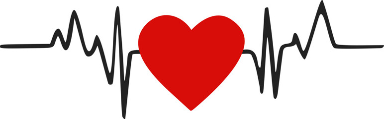 Heart pulse black line with red heart shape in the middle. Cardiogram. Healthcare, medical concept. Simple design vector illustration.