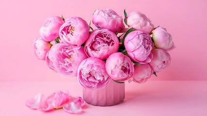 Beautiful pink peonies on pink background top view flat lay