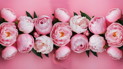 Beautiful pink peonies on pink background top view flat lay