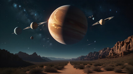 a celestial alignment with planets and moons.