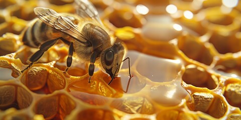 Close-Up of Bee on Honeycomb. Bee Collecting Nectar from Honeycomb