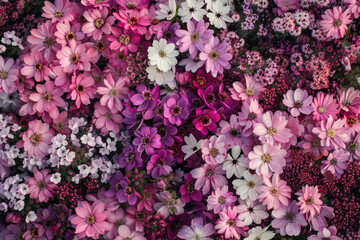A top-down view of a dense arrangement of spring blossoms in vibrant hues