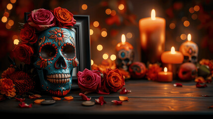 Mexican Day of the Dead altar with skull, roses, candles, and empty photo frame, warm colors, copy space, cultural and religious celebration, artistic and spiritual expression