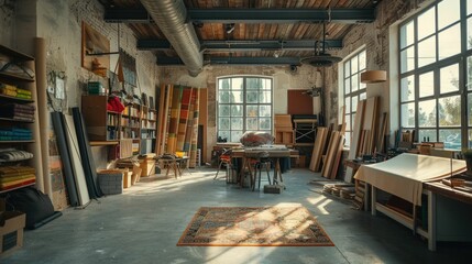 Luxurious fashion design studio filled with elegant materials tools and equipment for high end crafting and product development Cozy and creative workspace with vintage and industrial elements