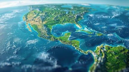 Satellite-generated map of Central America and the Caribbean, depicting topography with a 3D effect. illustration images