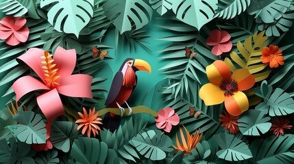Paper craft jungle scene teeming with exotic wildlife, perfect for adventure-themed projects. Illustration, Minimalism,