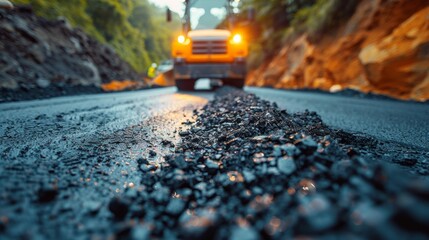 road special equipment lays new asphalt pavement on the road, road repair, replacement of asphalt