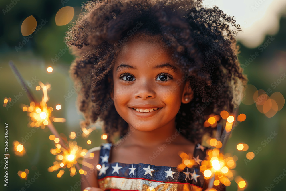 Wall mural happy african american girl with sparkler celebrating independence day, memorial day, 4th of july