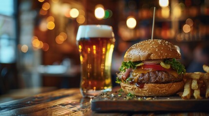 On the table at a bar there is a burger and drink.