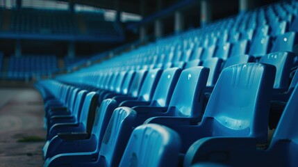 Fototapeta premium The blue plastic chairs reserved for staff coaches, reserve football players, and substitutes in sports stadiums.