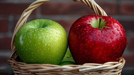 Red and green apples together in a basket on brick background