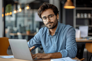 Obraz premium Pensive Indian Businessman with Beard and Glasses Thinking at Desk, Business Manager in Modern Office, Man in Blue Shirt Working on Laptop, Solving Problems, Portrait with Dreamy Look
