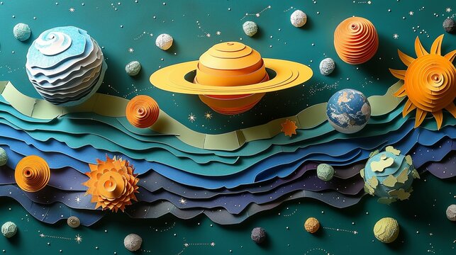 Paper craft solar system model, great for educational posters or astronomy enthusiasts. Illustration, Minimalism,