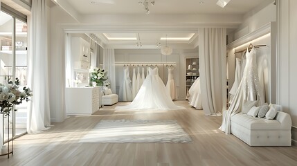 modern bridal shop with a light, airy atmosphere, elegant dress displays, and private fitting areas with soft draping