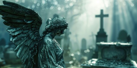 Fototapeta premium Dark Angel in a Misty Graveyard