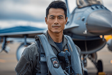 Asian Military Fighter Jet Pilot Portrait Standing in Flight Suit and Uniform on Airfield