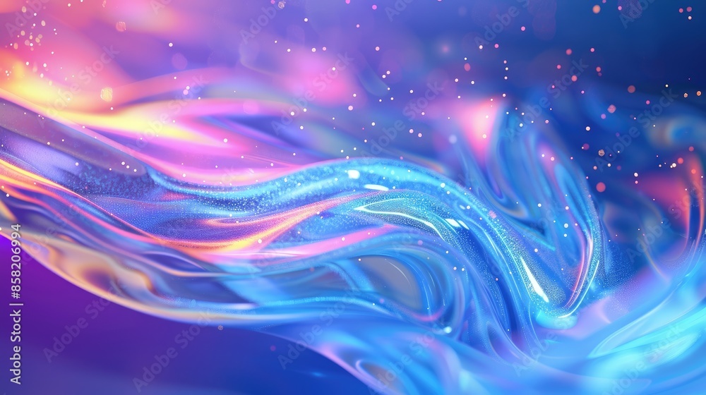 Poster 3d abstract blue light background with flowing waves and a touch of rainbow colors, creating a dynam