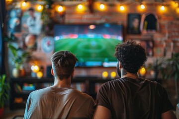 Two male friends enjoy sports on the television in their former home while playing soccer.