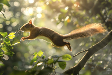 A squirrel leaps from one tree branch to another, mid-air with tail flaring