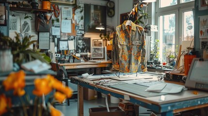 Eco friendly fashion design processes in a sustainable studio workspace with vintage equipment textiles and nature inspired decor Creative handmade and artisanal fashion production in a green