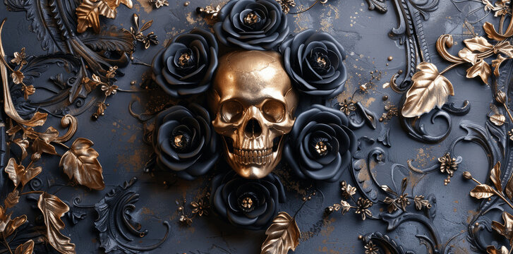 Luxurious Gothic Wall with Black Roses and Gold Skull for Opulent Events and Parties