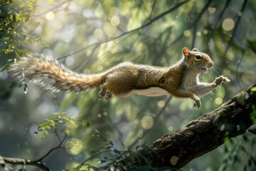 A squirrel leaps from one tree branch to another, mid-air with tail flaring