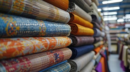 Stacks of colorful and patterned fabric rolls displayed on shelves in a high end fashion design studio showcasing the and variety of textiles used in luxury apparel and home goods manufacturing