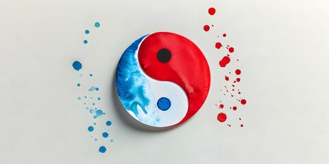 Minimalist yin yang symbol with red and blue circles on light background. Concept Minimalist Design, Yin Yang Symbol, Red and Blue Circles, Light Background