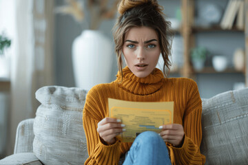Worried woman reading financial statement on sofa stress anxiety upset receiving letter at home frustrated opening envelope with finance issues emotional stress