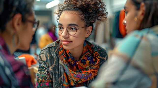 Portrait of a diverse team of fashion designers and consultants discussing new outfit designs and trends in a casual creative office environment