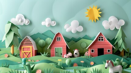 Paper craft farmyard scene with barns and animals, great for agricultural promotions or children's books. Illustration, Minimalism,