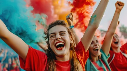 Young football supporters enjoying a game at a stadium while cheering with colorful smoke. A group of friends wearing red t-shirts are having a great time celebrating the world championship in sport.
