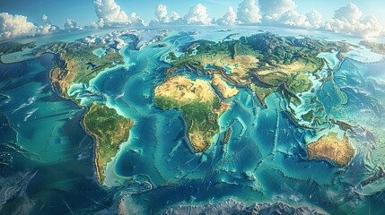 High-resolution physical world map with a flattened view of Earth geography and topography, rendered in 3D. illustration images