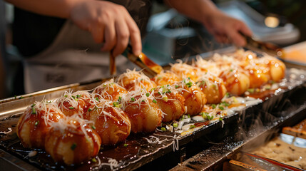 Naklejka premium A vendor serving freshly made takoyaki, with crispy outer shells and soft, savory centers, drizzled with sauce and sprinkled with bonito flakes