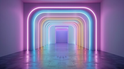 Futuristic corridor illuminated by colorful neon lights, creating an abstract and vibrant ambiance in a modern, clean space.