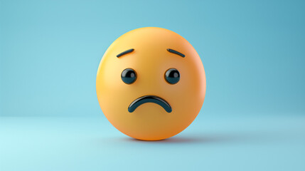 A 3D luxury yellow face emoji with a sad frown and tear-filled eyes, isolated on a white background with copy space for text. Sad emoji on a yellow background. Sad emoji kid standing alone in rainy. 