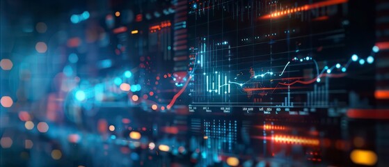 Technology merges with business as digital data charts and graphs monitor financial waves, illustrating stock patterns and market trends