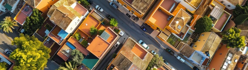 Climateresilient Spanish village with renewable energy integration and ecofriendly mobility design, top view, focusing on sustainability, futuristic tone, Tetradic color scheme