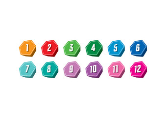 numbers 1-12 in colored hexagons. group of vector numbers 1-12. numbers 1-12 for the education world