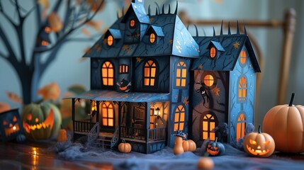 Paper craft haunted house with spooky details, ideal for Halloween decorations or themed events. Illustration, Minimalism,