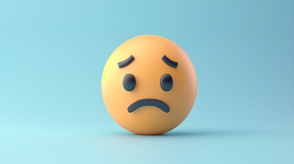 Fototapeta premium A 3D luxury yellow face emoji with a sad frown and tear-filled eyes, isolated on a white background with copy space for text. Sad emoji on a yellow background. Sad emoji kid standing alone in rainy. 