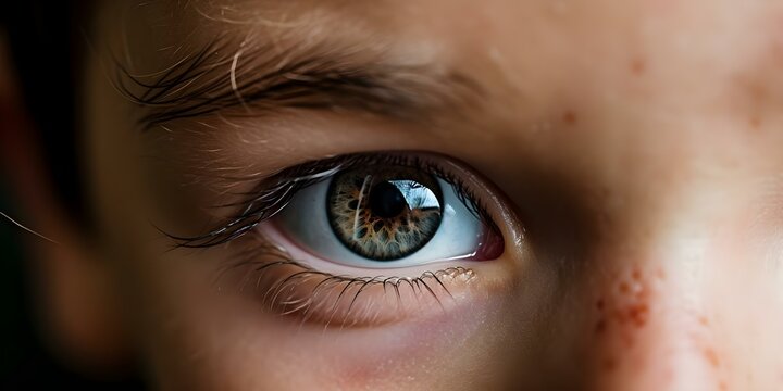 Closeup portrait of child with swollen eye from insect bite. Concept Child's injury, Insect bite, Eye swelling, Closeup portrait, Medical emergency