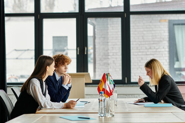 Teenagers participate in a Model UN conference, engaging in diplomatic discussions and negotiations.