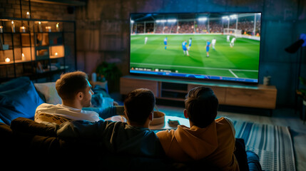 friends looking a soccer game together on the tv screen	
