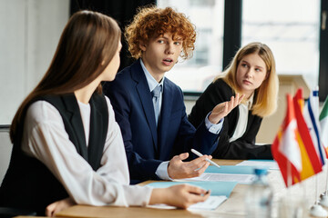 Three teenagers participate in a lively discussion during a Model United Nations conference.