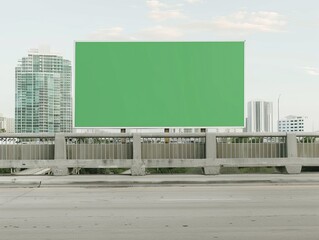 Obraz premium Urban Advertising Space: Vertical Green Screen Billboard on City Bridge with High Visibility for Custom Messaging